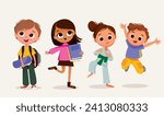 Set, group of 4 four happy children, kids in different poses, dressed in casual outfit clothes. Boys and girls with sport equipment. Dancing, jumping boy, girl,creative kids. Preschoolers teenagers. 