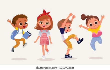 Set, group of 4 four happy children, kids in different poses, dressed in casual outfit clothes.Dancing, jumping boy, girl, children. Creative kids. Dancing studio.