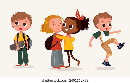 Set, group of 4 four happy children, kids in different poses, dressed in casual outfit clothes. Dancing, jumping boy, girl,creative kids. Preschoolers teenagers. Children fashion models. Kids apparel.