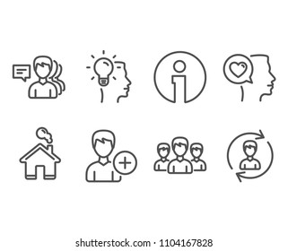 Set of Group, Add person and Idea icons. Romantic talk, People and Human resources signs. Group of people, Edit user data, Professional job. Love chat, Support job, Update profile. Vector