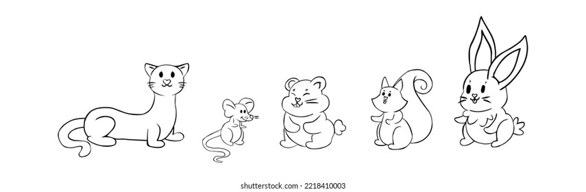 Set group animals black draw line shade vector illustration