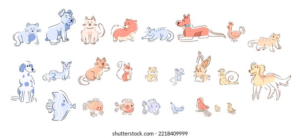 Set group animals line color vector illustration