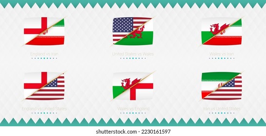 A set of Group B match icons of the 2022 international soccer tournament, the flag and a set of match icons on an abstract background. Vector collection.