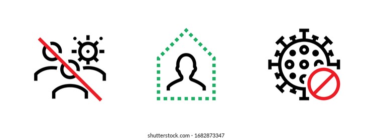 Set of Group Ban, Stay Home, Coronavirus Protect icons. Editable line vector. Symbol of a lot of people circled by a red line, situation man inside a house and microbe with prohibition sign. Group