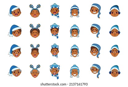 Set group blue man christmas borderline cute face vector illustration