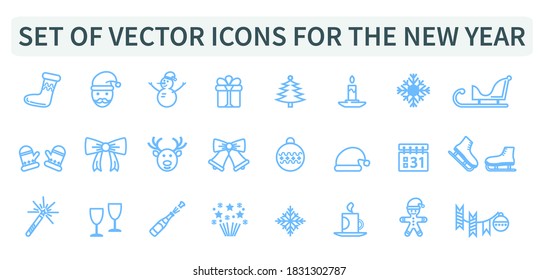 Set, group of blue vector icons for the New year. Christmas, 2021, holiday, web. Santa Claus, Christmas tree. Santa Claus.