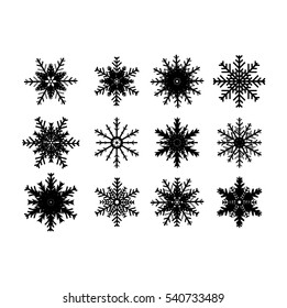 Set, group, collection of black snowflakes with shadows, isolated on white background