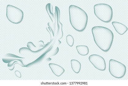 Set, group, collection clear water drops and splash on blue background. 3D Vector illustration