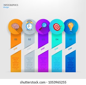 Set, group, collection of five modern labels, banners with numbers and colorful icons, isolated on bright background, for infographics, presentations, documents