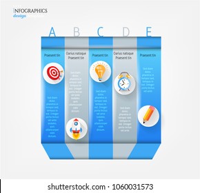 Set, group, collection of five modern labels, banners with numbers and colorful icons, isolated on bright background, for infographics, presentations, documents