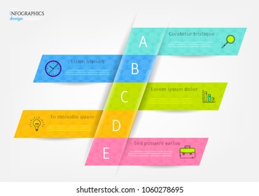 Set, group, collection of five modern labels, banners with numbers and colorful icons, isolated on bright background, for infographics, presentations, documents