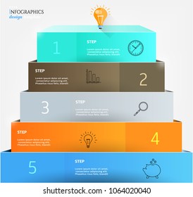 Set, group, collection of five modern labels, banners with numbers and simple line icons, isolated on bright background, for infographics, presentations, documents