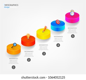 Set, group, collection of five modern labels, banners with numbers and colorful icons, isolated on bright background, for infographics, presentations, documents
