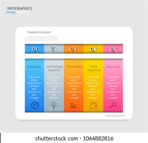 Set, group, collection of five modern labels, banners with numbers and simple line icons, isolated on bright background, for infographics, presentations, documents