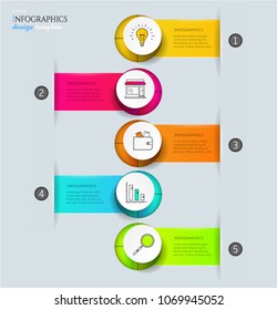 Set, group, collection of five modern labels, banners with numbers and colorful line icons, isolated on bright background, for infographics, presentations, documents