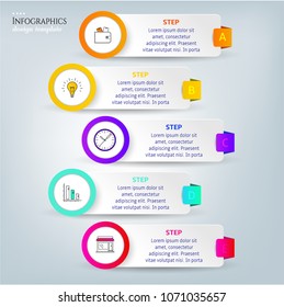 Set, group, collection of five modern labels, banners with numbers and simple line icons, isolated on bright background, for infographics, presentations, documents
