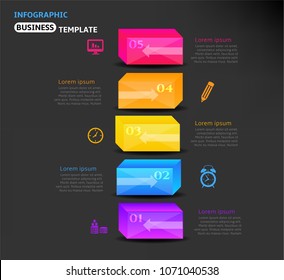 Set, group, collection of five modern labels, banners with numbers and colorful icons, isolated on black background, for infographics, presentations, documents