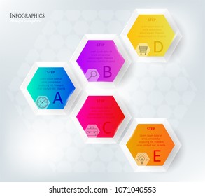 Set, group, collection of five modern labels, banners with numbers and simple line icons, isolated on bright background, for infographics, presentations, documents