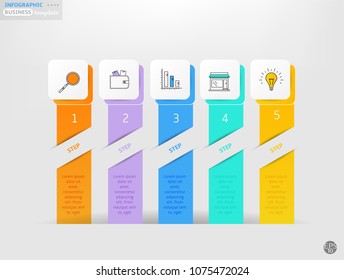 Set, group, collection of five modern labels, banners with numbers and simple line icons, isolated on bright background, for infographics, presentations, documents
