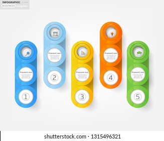 Set, group, collection of five modern labels, banners with numbers and simple line icons, isolated on bright background, for infographics, presentations, documents