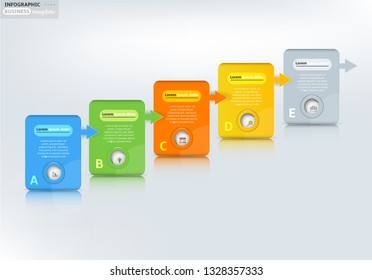 Set, group, collection of five modern labels, banners with numbers and simple line icons, isolated on bright background, for infographics, presentations, documents