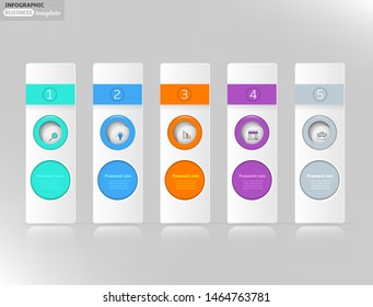 Set, group, collection of five modern labels, banners with numbers and simple line icons, isolated on bright background, for infographics, presentations, documents