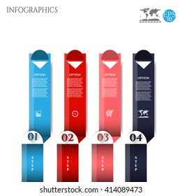Set, group, collection of four blue, red, pink modern labels, banners with numbers and simple icons, isolated on bright background, for infographics, presentations, documents