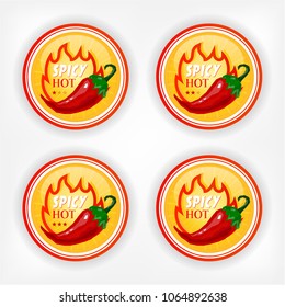 Set, group, collection of four labels, red chilli peppers, isolated on bright background