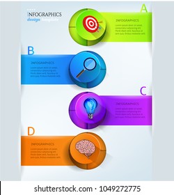 Set, group, collection of four modern labels, banners with numbers and colorful icons, isolated on bright background, for infographics, presentations, documents
