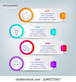 Set, group, collection of four modern labels, banners with numbers and simple line icons, isolated on bright background, for infographics, presentations, documents