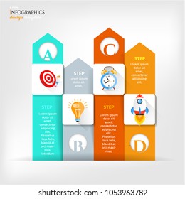 Set, group, collection of four modern arrow labels, banners with numbers and simple line icons, isolated on bright background, for infographics, presentations, documents