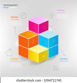 Set, group, collection of four modern labels, banners with numbers and simple line icons, isolated on bright background, for infographics, presentations, documents