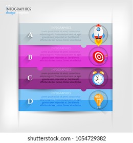Set, group, collection of four modern labels, banners with numbers and colorful icons, isolated on bright background, for infographics, presentations, documents