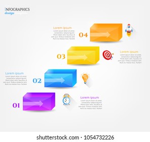 Set, group, collection of four modern labels, banners with numbers and colorful icons, isolated on bright background, for infographics, presentations, documents