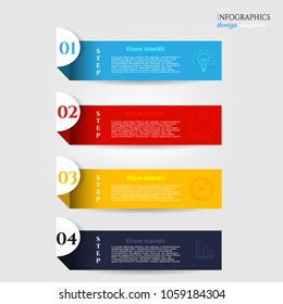 Set, group, collection of four modern labels, banners with numbers and simple line icons, isolated on bright background, for infographics, presentations, documents
