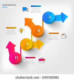 Set, group, collection of four modern labels, banners with numbers and simple line icons, isolated on bright background, for infographics, presentations, documents