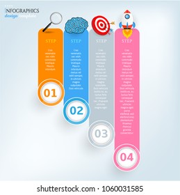 Set, group, collection of four modern labels, banners with numbers and colorful icons, isolated on bright background, for infographics, presentations, documents