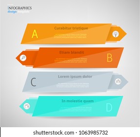 Set, group, collection of four modern labels, banners with numbers and simple line icons, isolated on bright background, for infographics, presentations, documents