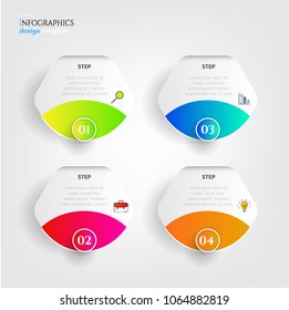 Set, group, collection of four modern labels, banners with numbers and simple line icons, isolated on bright background, for infographics, presentations, documents
