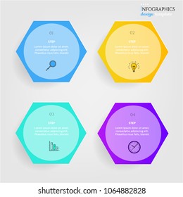 Set, group, collection of four modern labels, banners with numbers and simple line icons, isolated on bright background, for infographics, presentations, documents
