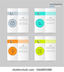 Set, group, collection of four modern labels, banners with numbers and simple line icons, isolated on bright background, for infographics, presentations, documents