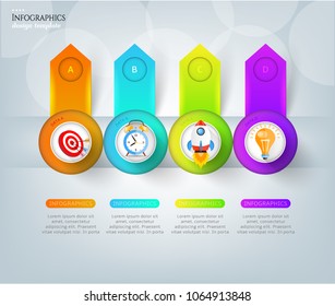 Set, group, collection of four modern labels, banners with numbers and simple line icons, isolated on bright background, for infographics, presentations, documents