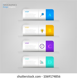 Set, group, collection of four modern labels, banners with numbers and simple line icons, isolated on bright background, for infographics, presentations, documents