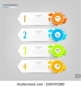 Set, group, collection of four modern labels, banners with numbers and simple line icons, isolated on bright background, for infographics, presentations, documents