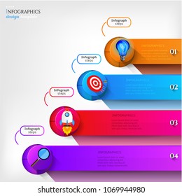 Set, group, collection of four modern labels, banners with numbers and colorful icons, isolated on bright background, for infographics, presentations, documents