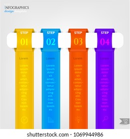 Set, group, collection of four modern labels, banners with numbers and simple line icons, isolated on bright background, for infographics, presentations, documents