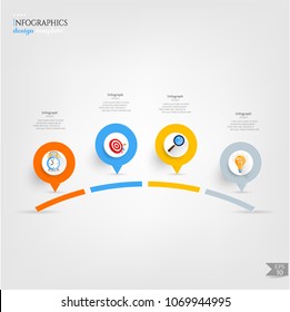 Set, group, collection of four modern labels, banners with numbers and colorful icons, isolated on bright background, for infographics, presentations, documents