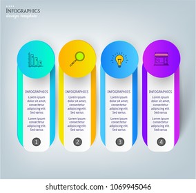Set, group, collection of four modern labels, banners with numbers and simple line icons, isolated on bright background, for infographics, presentations, documents