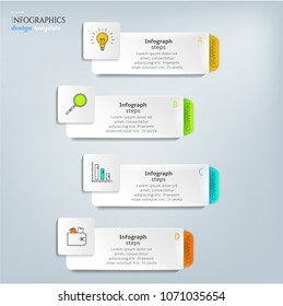 Set, group, collection of four modern labels, banners with numbers and simple line icons, isolated on bright background, for infographics, presentations, documents