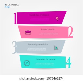 Set, group, collection of four modern labels, banners with numbers and simple line icons, isolated on bright background, for infographics, presentations, documents